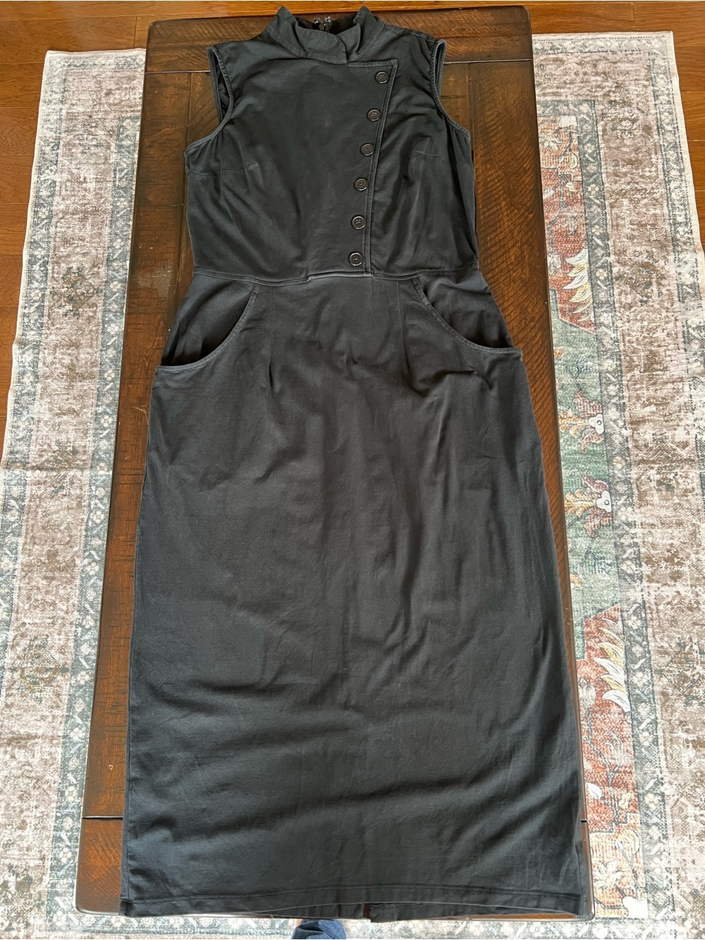 eshakti Sleeveless Black Midi Dress with Asymmetrical Button Placket - Picture 5 of 12